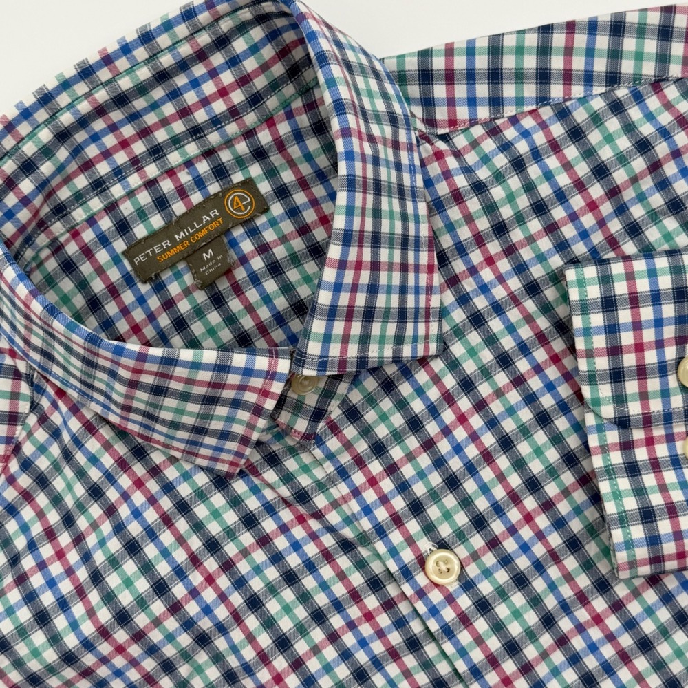 Peter Millar Summer Comfort Mens Medium Blue Green Plaid Shirt MF15EW07
